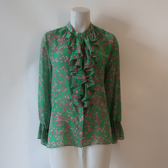 Womens Misa Los Angeles Green, Pink Floral Print Ruffle Button Down Blouse M - Picture 1 of 6